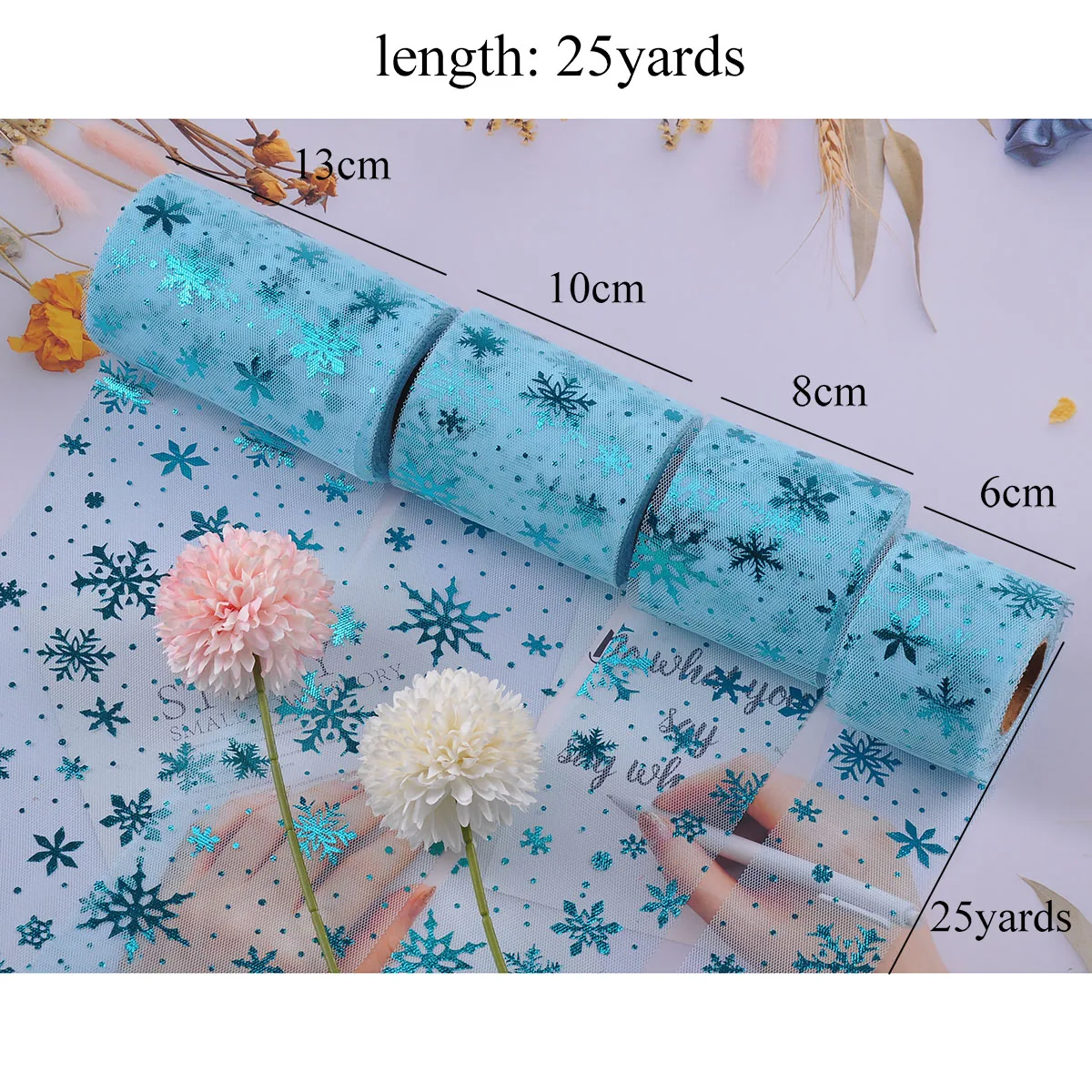 25 ярдов 6/13 см Серебряные Снежинки блестящие тюлевые рулоны органза украшение на