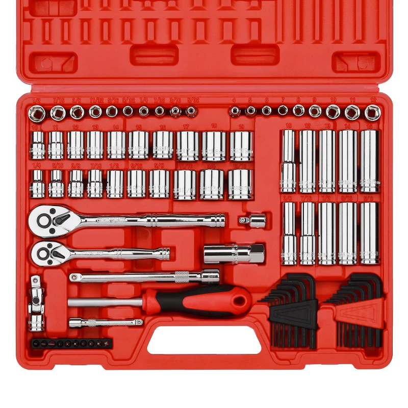 

1/4 inch & 3/8 inch Drive SAE and Metric Socket Set Standard and Deep Sizes with Ratchet Extension Bars and Joint 83-Pieces 1/4