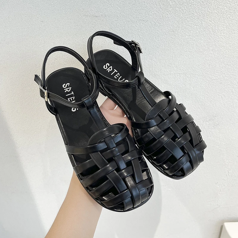 

Beige Heeled Sandals Retro Women Shoes Summer Black Original Fashion Gladiator Comfort Flat Weave Back Strap Sexy Casual Blue