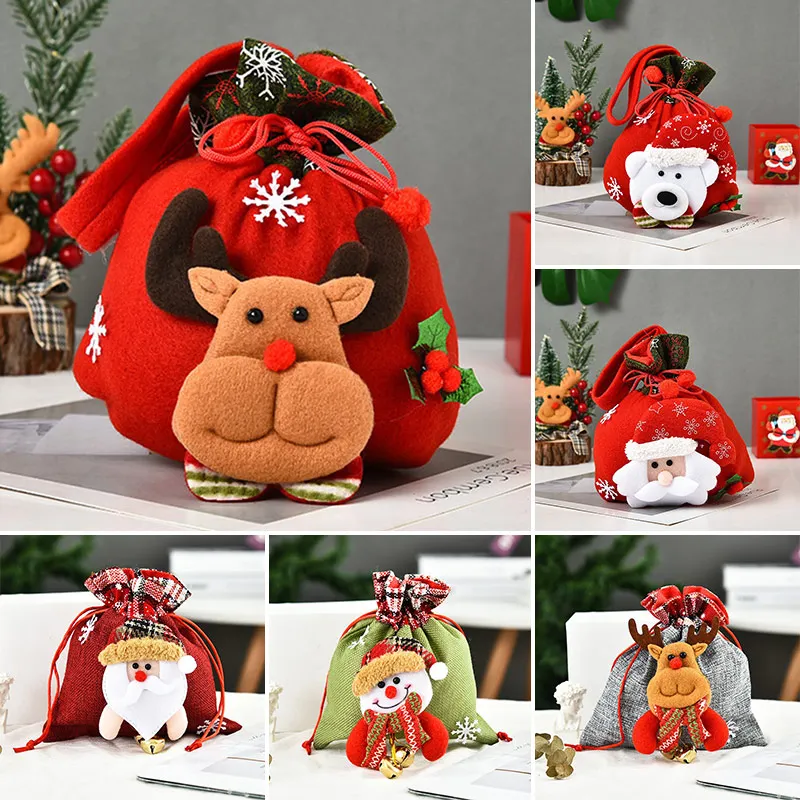 

Christmas Gifts Bags 3D Doll Brushed Cloth Santa Snowman Elk Printed Tote Bag Candy Bag Children's Christmas Gift Stocking Bag