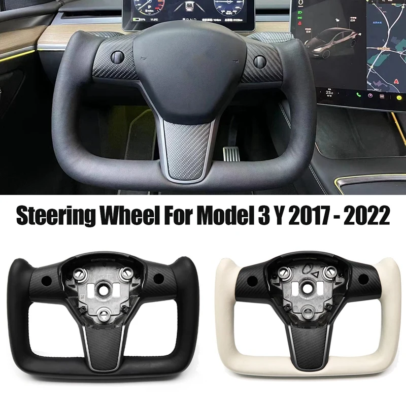 Yoke Style Steering Wheel With Carbon Fiber Panel For -Tesla Model 3 / Model Y 2017 18 19 20 21 2022 No Heated