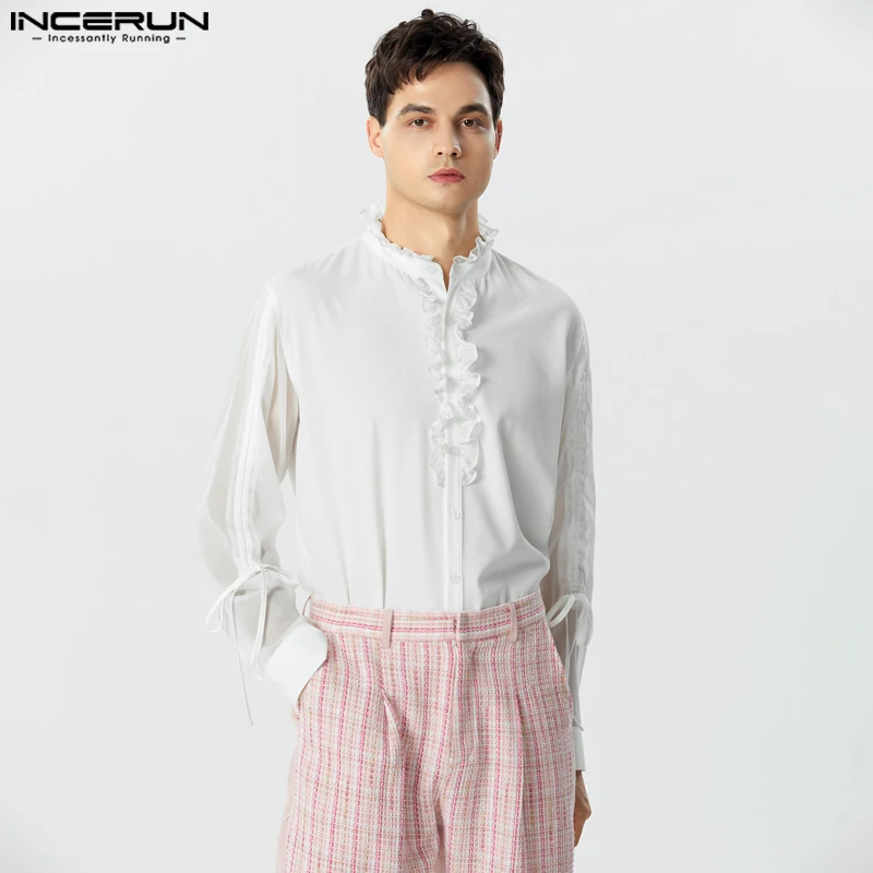 

Топы INCERUN 2023, красивые новые мужские однотонные плиссированные сетчатые рубашки с оборками по краям, сексуальная перспективная блузка в дворцовом стиле с длинными рукавами