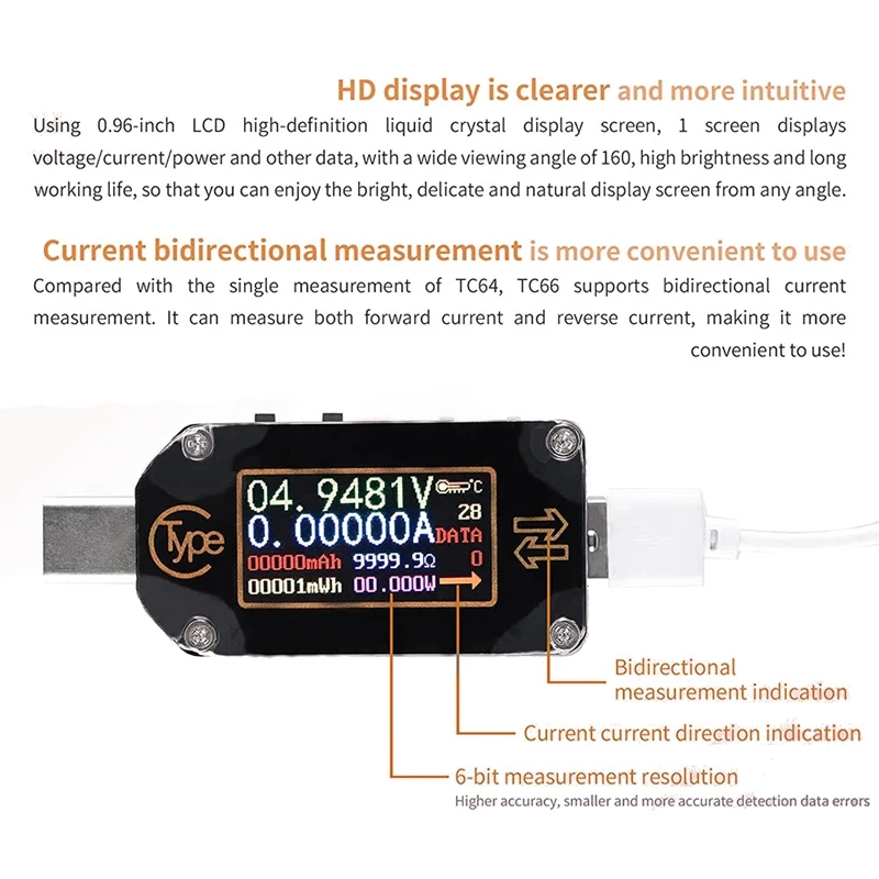 TC66 USB-тестер USB Type-C Тестер батареи PD Протокол Быстрая зарядка QC 2.0 3.0 Мультиметр