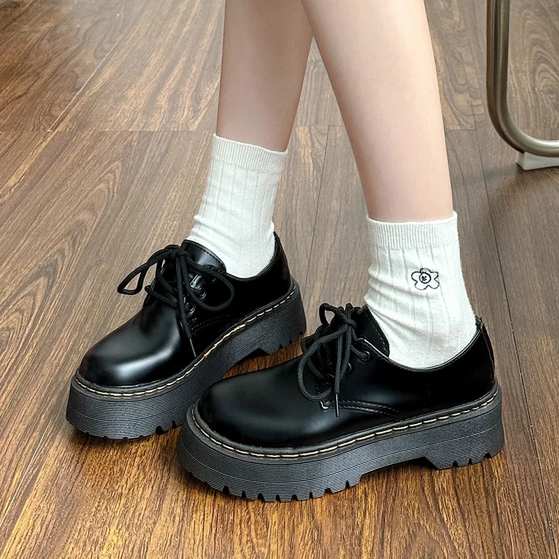 

British Style Flat Black Shoes For Women Round Toe Oxfords Female Footwear Casual Sneaker Clogs Platform Preppy Leather Dress