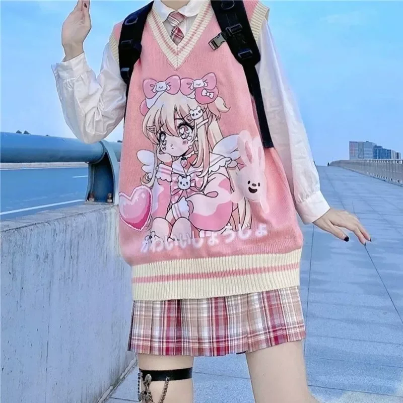

Новинка 2022, Свободный вязаный жилет, свитер в японском стиле преппи, милый свитер без рукавов с V-образным вырезом, женский милый мультяшный ...