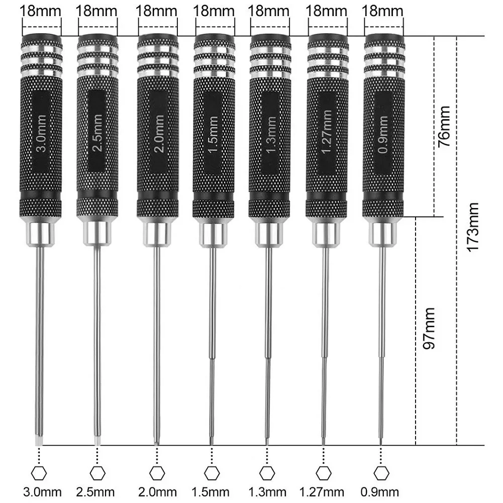 

7pcs Hex Screwdriver 0.9-3.0mm Non-slip Aluminium Handle For RC Hobby Car Boat Quadcopter Multi-axis FPV Racing Drone Hand Tools