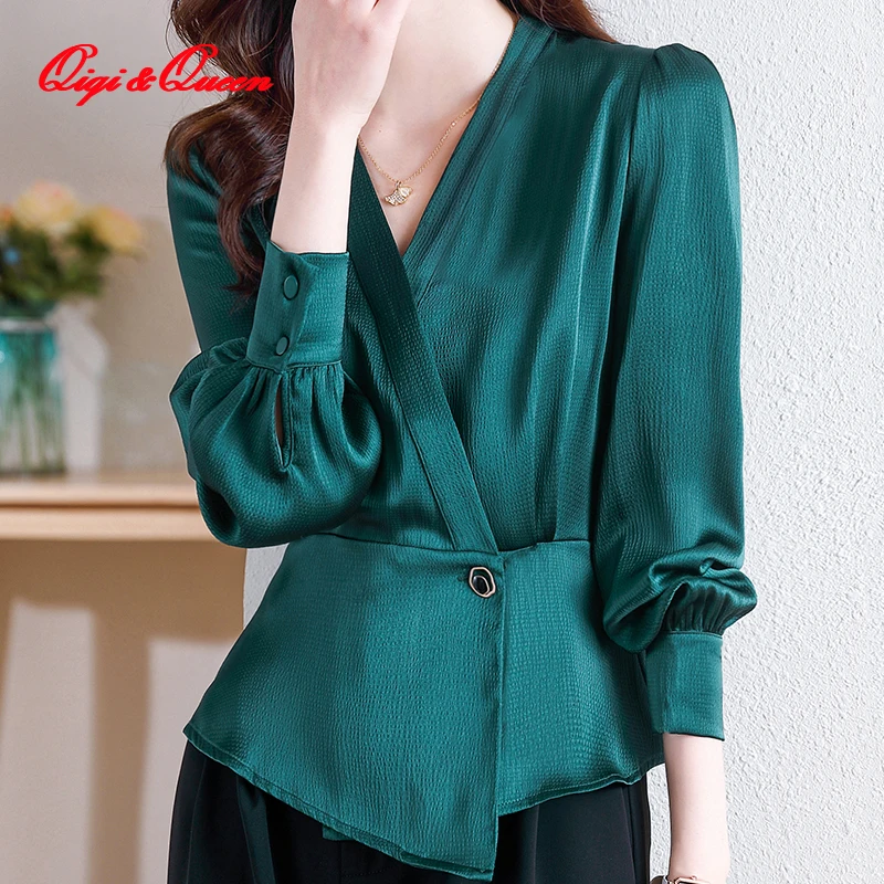 

Женская офисная блузка Qiqi & queen, шифоновая винтажная Блузка с V-образным вырезом, свободные топы на весну и осень, 2023