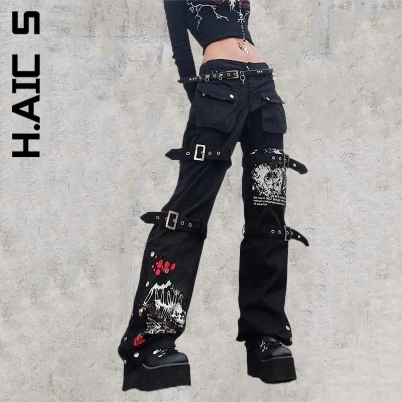 

H.Aic S Trousers Pants New Women Harajuku Straight Cargo Pants Wide Leg Slim Pant Gothic Elastic Bottoms Mujer Female