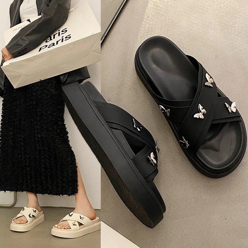 

Шлепанцы женские на платформе, повседневные сандалии на толстой подошве, пляжные шлепанцы с бабочкой, сланцы, модель Лето 2023