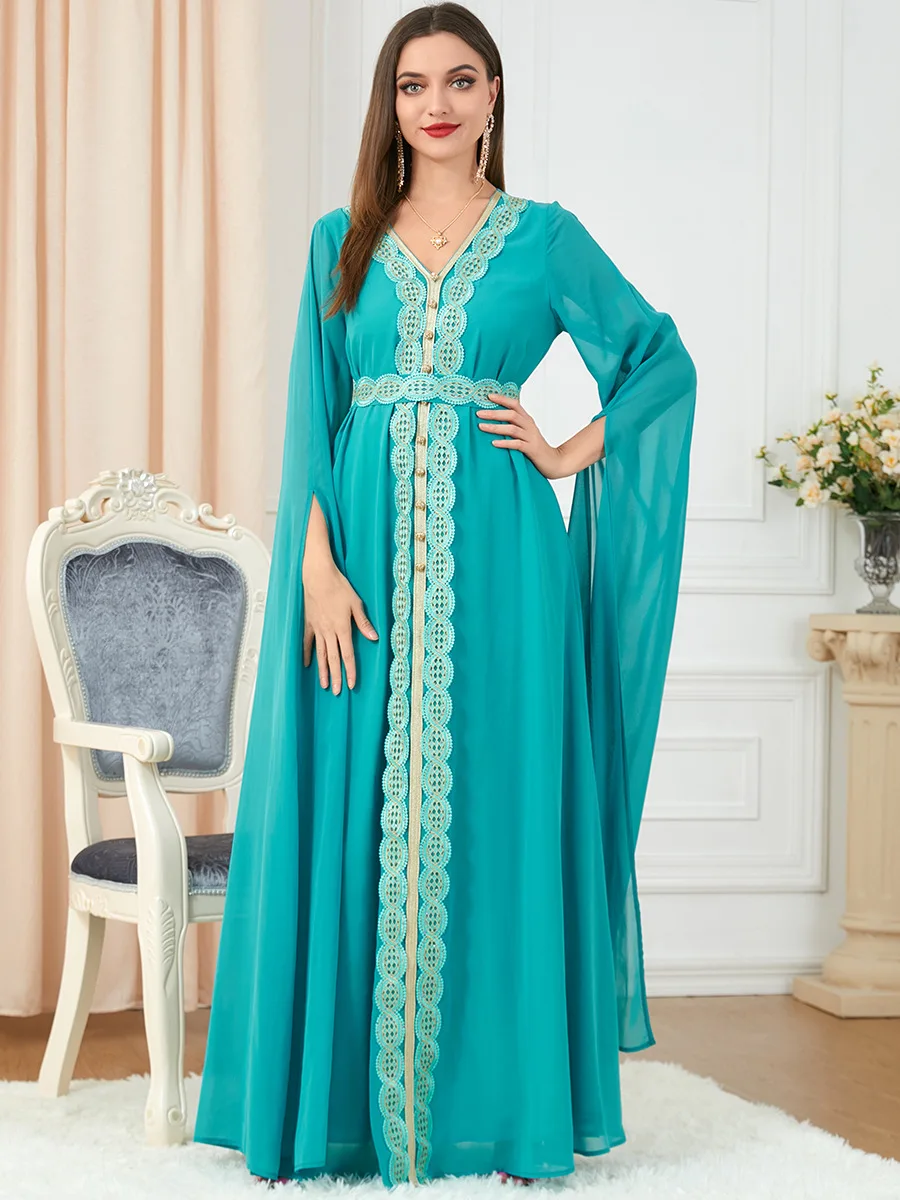 

Arabic Dress V Neck Embroidery Appliques Moroccan Caftan Woman Party Evening Gown Extra Long Sleeves Ramadan Eid Robe Muslim