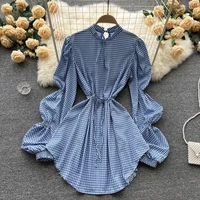 woman puff sleeves plaid dress chic stand collar loose bow tie dress short blue straight ruched mini dresses pleated ladies new