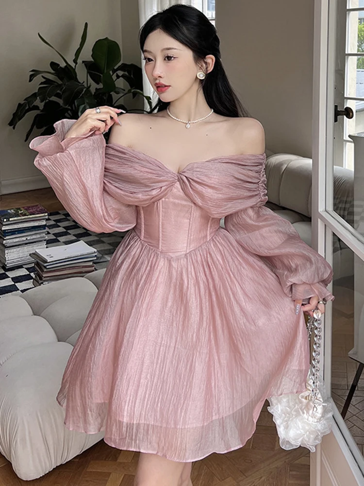 

Pink Elegant Women Evening Dress Chic Sweet Bow Slash Neck Corset Mini Birthday Party Beach Gown Robe Femme Sexy Mujer Vestidos