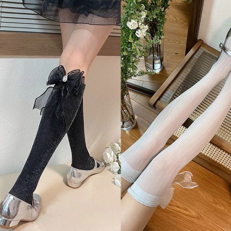 

1 Pair Women Girls Shiny Glitter Striped Over Knee Long Socks Princess Cute Rhinestones Bowknot Thigh High Stockings
