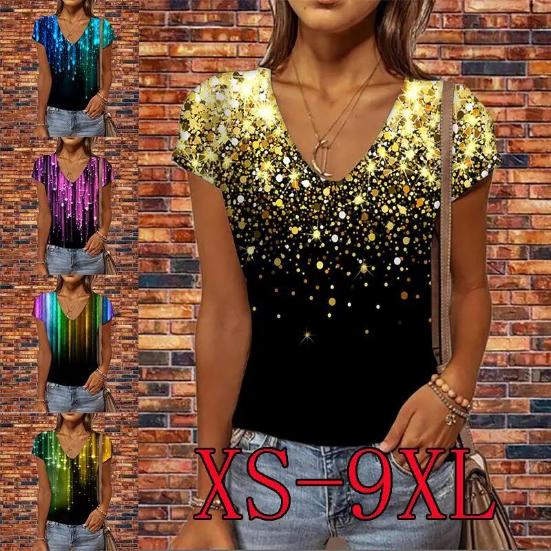 

Women New Fasjion Short-sleeved Summer V-neck Top Women's Loose Casual Printing T-shirt XS-9XL