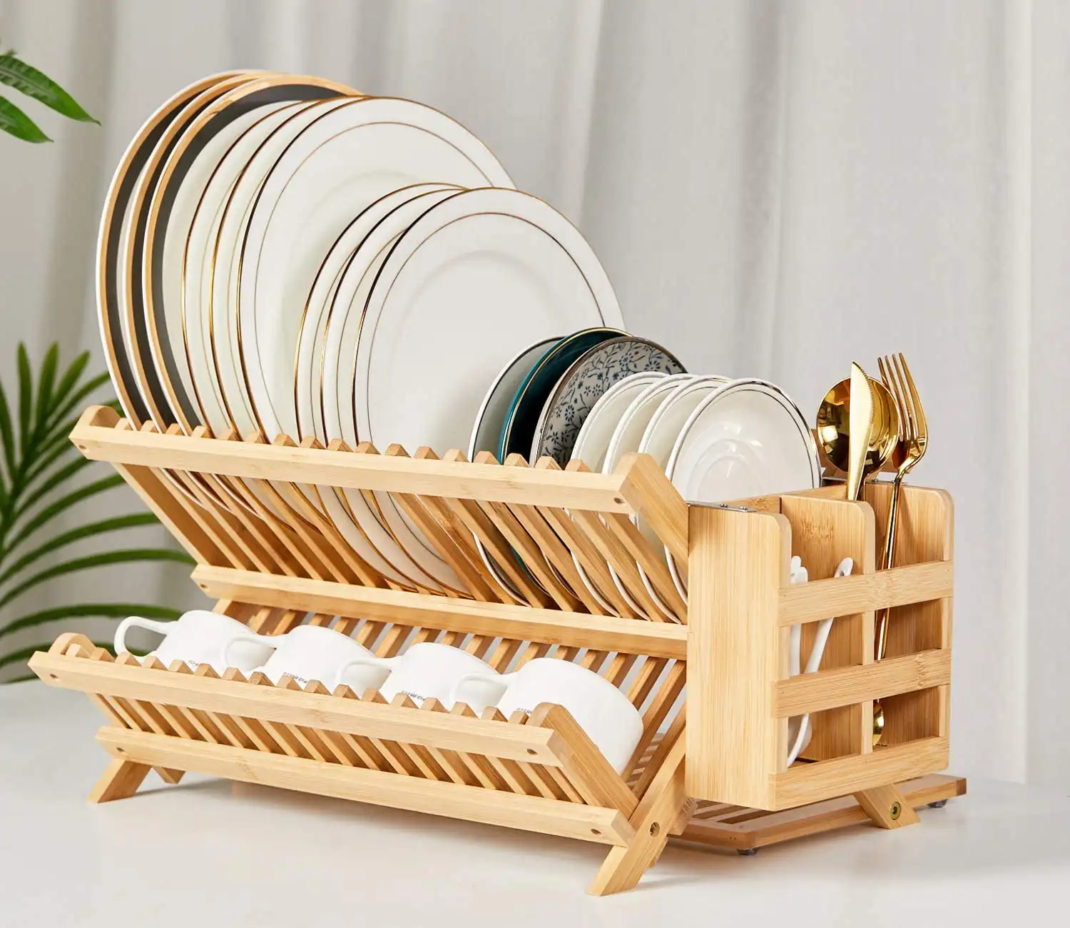 

Bamboo Dish Drying Rack,Collapsible Dish Drainer Rack,3 Tier