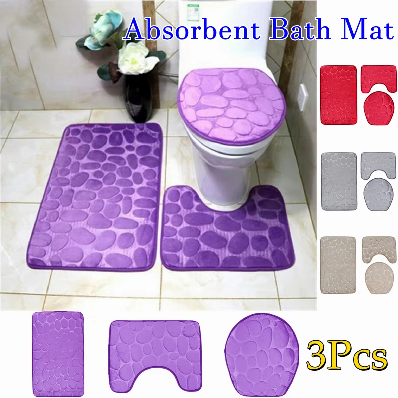 

Home Bath Mat Set Toilet Lid Cover Shower Rugs 2022 Embossed Stone High Quality Soft Non Slip Absorbent Mats
