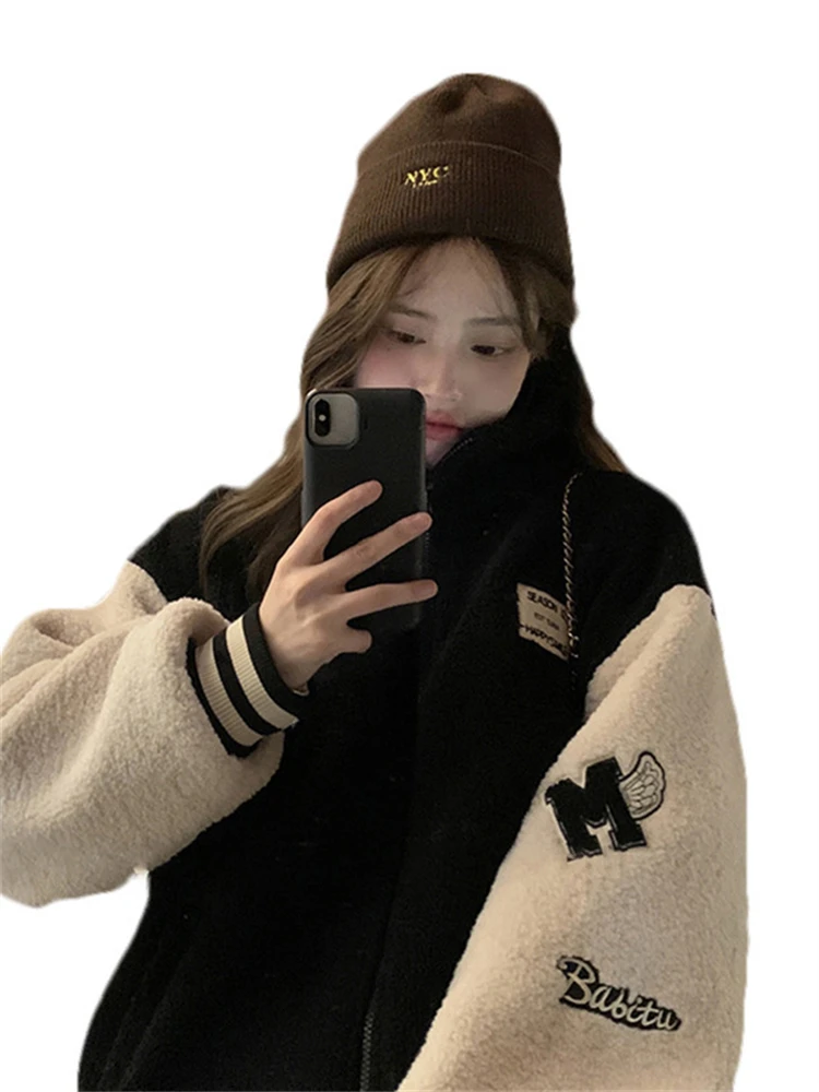 Autumn and Winter Small Casual Baseball Uniform Outerwear Women Lamb Wool Fleece-lined Thickened Idle Sle Loose All-Match C...
