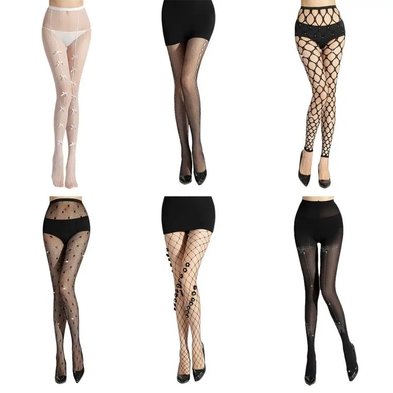 

Women High Waist Sexy Hollow Out Fishnet Pantyhose Stockings Sweet Flower Bowknot Rhinestone Jeweled Sheer Mesh Tights