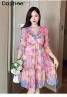 butterfly decorative bell sleeve v neck printed dress for women summer vintage floral chiffon fairy dresses ladies vacation