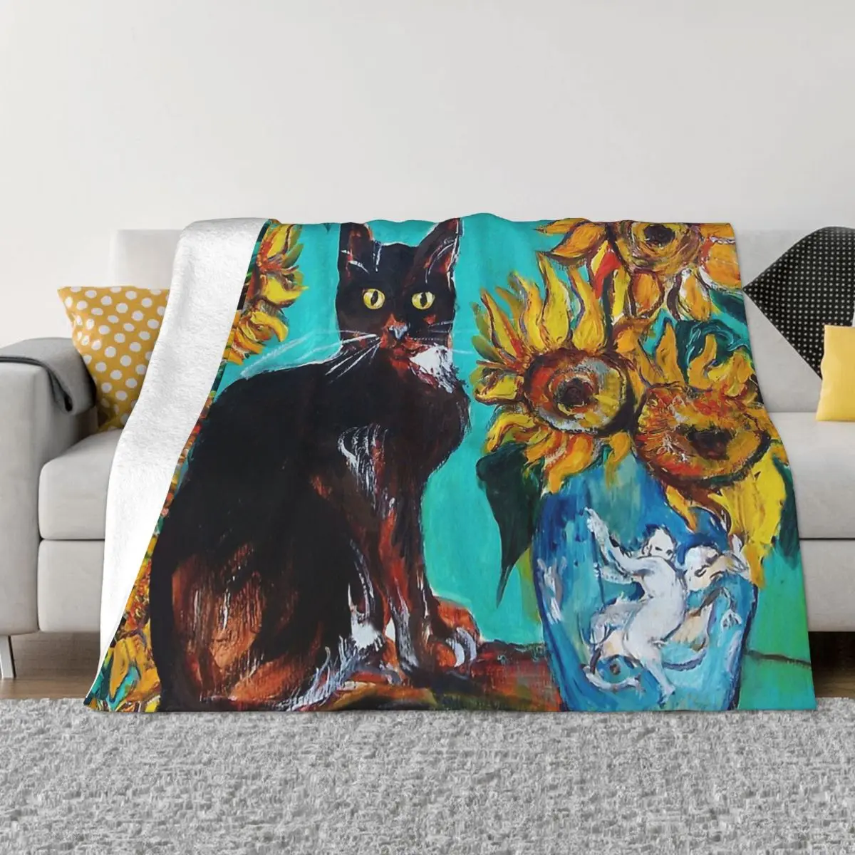 

Cat Lover Art Blanket Flannel Sunflowers With Black Cat In Blue Turquoise Cozy Soft FLeece Bedspread
