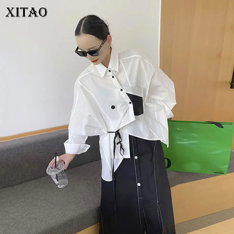 

XITAO, модная Асимметричная женская рубашка, облегающая, комбинированная, контрастный цвет, с разрезом, индивидуальная, свободная, уличная, но...