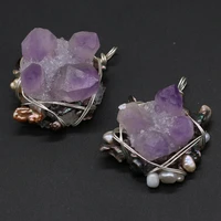 natural stone amethyst irregular crystal bud wrapped silver wire pendant for jewelry making diy necklace accessories charms gift