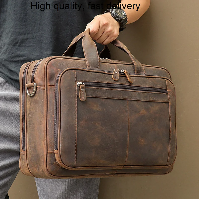 

Horse Vintage Crazy Genuine Leather Men Briefcase Leather Business bag Large 17"inch Laptop Bag male Document Bag Office M160