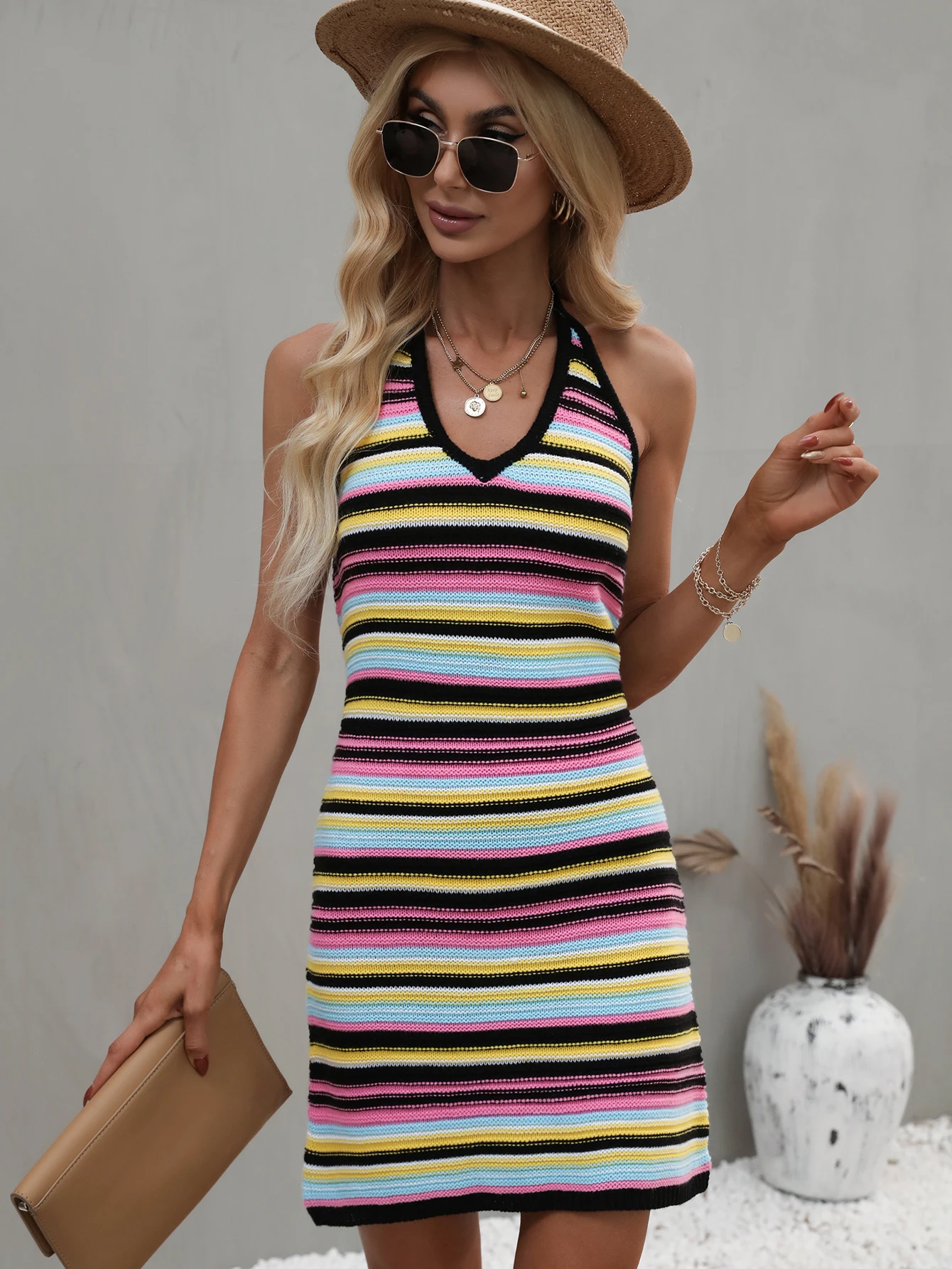 

Women's Sexy Backless Halter Bikini Cover Up Sweater Knitwear Stripes Lace-Up Sling Dress