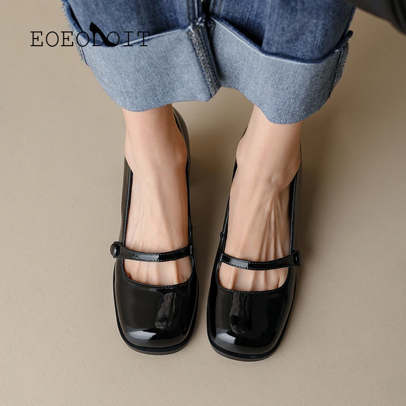EOEODOIT New Leather Heels Shoes Women Fashion Retro Square Toe Slip On Loafers Office OL Party Pumps | Обувь
