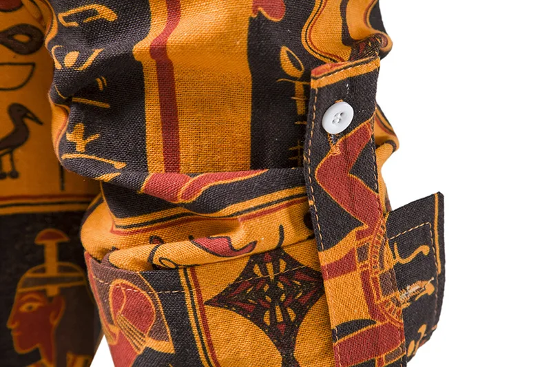 Mens African Dashiki Print Lace Up Cotton Linen Shirt Stand Collar Roll Sleeve Shirt Men Retro Hippie Beach Shirt 70s Matching