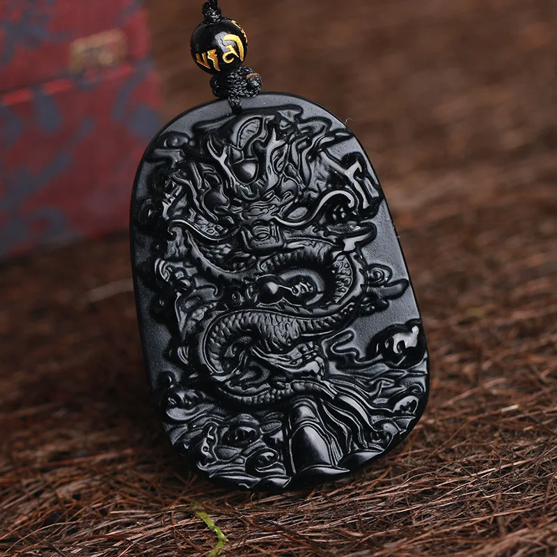 

Natural Carved Obsidian Zodiac Dragon Pendant for Men and Women