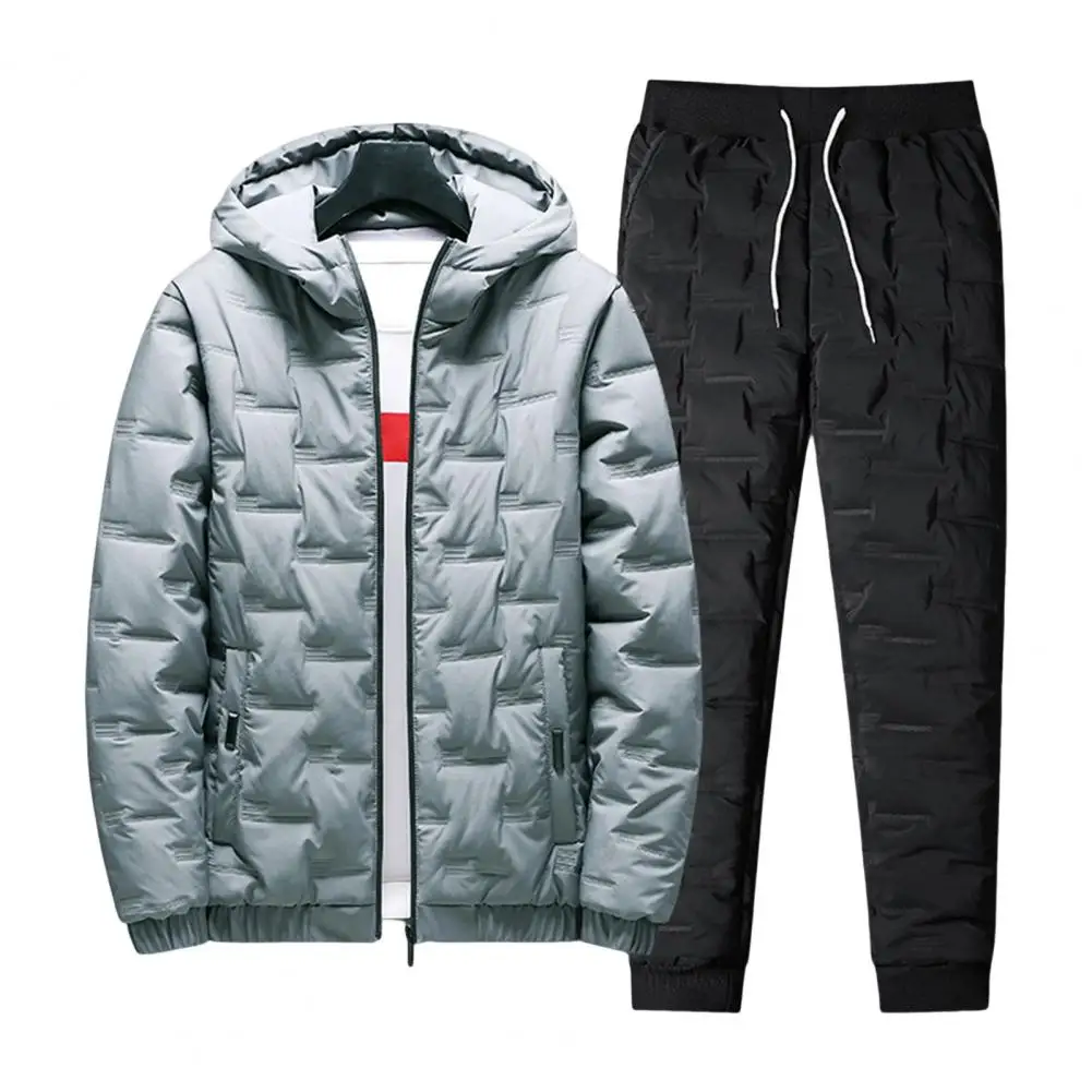 Soft Men Jacket Set Solid Color Plus Size Men Fashion Parka Jacket Trousers Set  Long Sleeves Coat Pants Suit Casual Wear