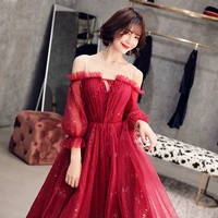 women elegant red sexy evening dress boat neck lace up tulle long party mesh gown black white shiny bling stars formal dresses