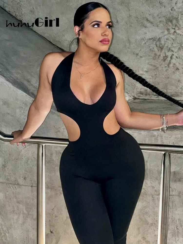 

Huhugirl 2022 Summer Sexy Jumpsuits Women Overalls Hollow Out Backless Halter Bodycon Pants Casual Solid Rompers Woman Jumpsuits