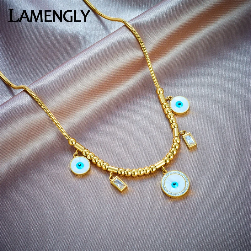 

LAMENGLY 316L Stainless Steel Round Eyes Pendant Necklace For Women Girl New Trend Waterproof Choker Chain Jewelry Gift Party