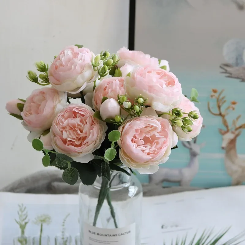 

Decorations Rose Pink Silk Peony Artificial Flowers Bouquet 5 Big Head Cheap Fake Flowers for Home Wedding Decoration Indoor