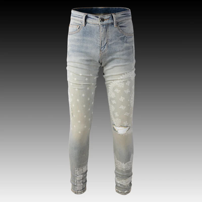 Fashion Streetwear Men Jeans Light Gray Blue Elastic Slim Fit Ripped Jeans Men Printed Designer Brand Hip Hop Denim Punk Pants