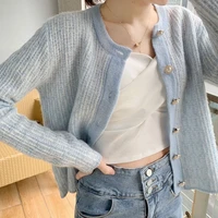 lovely sweet blue sweater knitted tops 2021 autumn new cardigan women vintage sweaters single breasted loose cardigans female