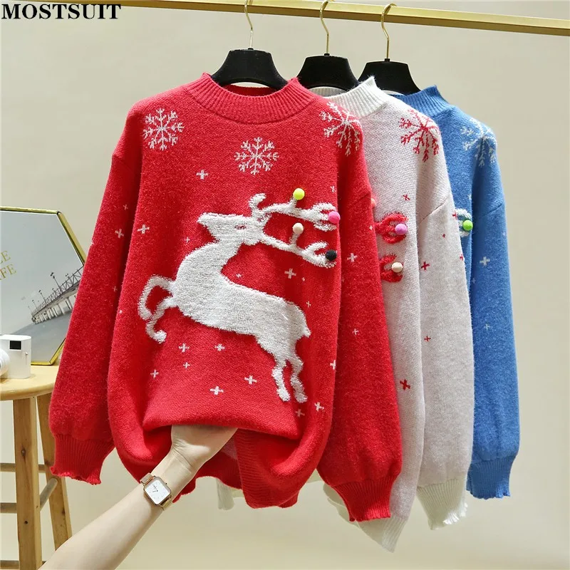 

Осенне-зимний модный женский свободный вязаный свитер на Рождество с длинным рукавом и круглым вырезом Топы в виде оленя и снежинки женский...
