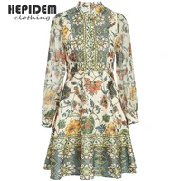 hepidem clothing summer print flower short dress women 2022 new long sleeve mesh vintage jacquard slim dress 69850