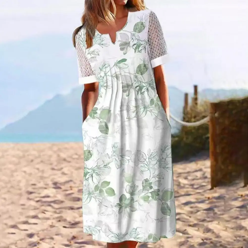 

Charming Tunic Dress Breathable Midi Dress Loose Hem Lady Floral Print Casual Beach Tunic Dress Dressing Up