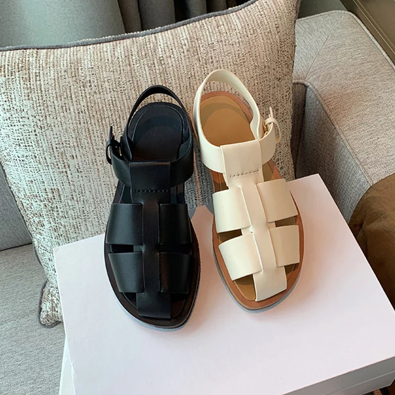 Низкие сандалии женские кожаные дышащие туфли на каблуке с ремешками костюм