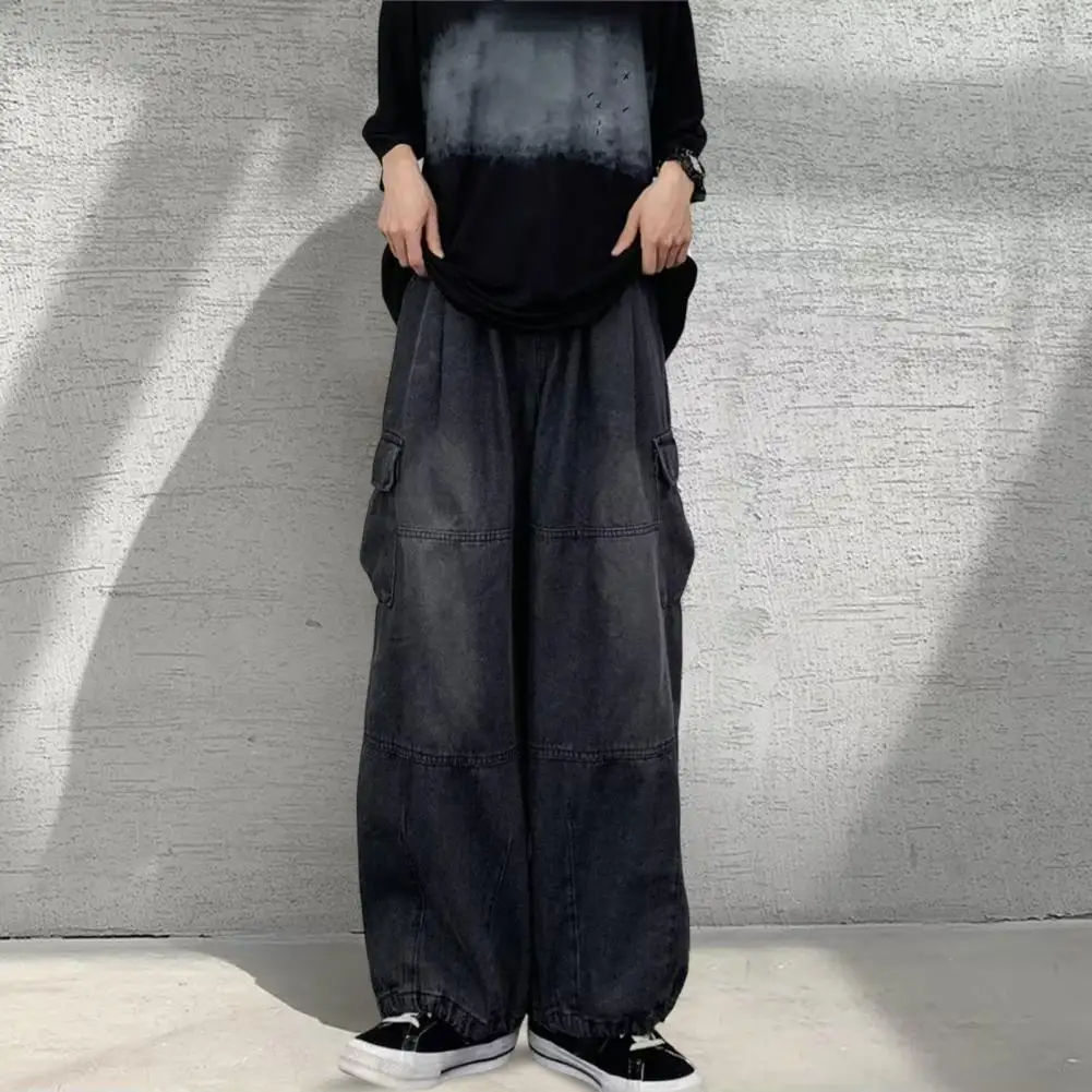 

Men Baggy Cargo Jeans Multiple Pockets Solid Color Zipper Fly Loose Straight Wide Leg Pants Autumn Denim Trousers Streetwear