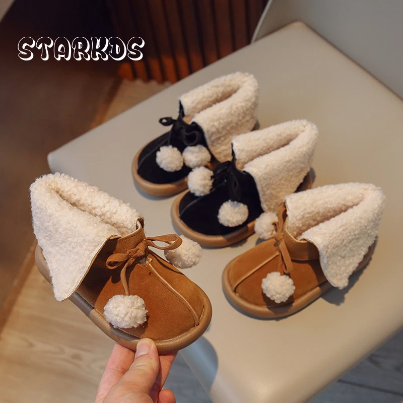 Luxury Brand Design Fleece Shearling Snow Boot Girl Cute Furry Ball Suede Ankle Booties Baby Child Winter Warm Outdoor Shoes
