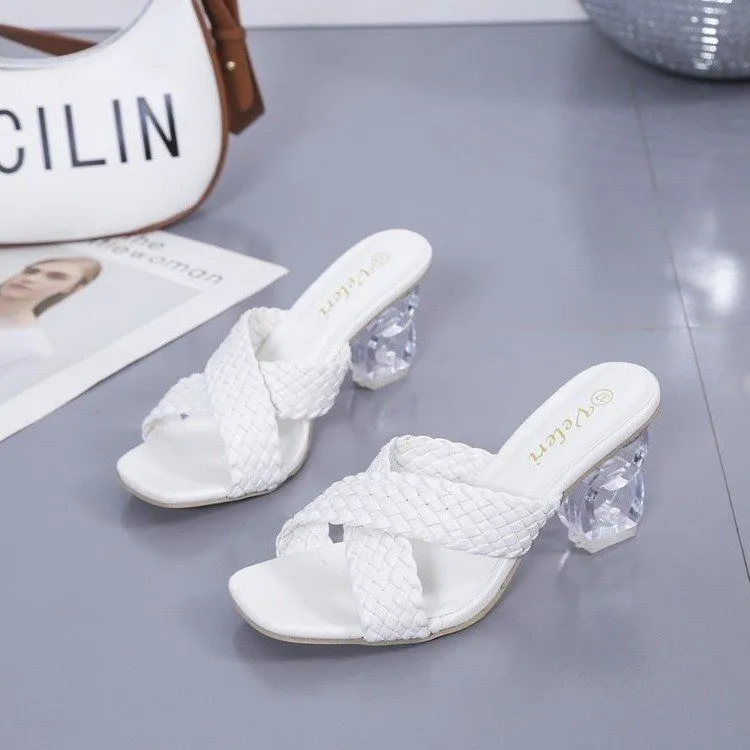 

2023 Design Summer Shoes Ladies Clear Heels Sandals Cross Strap Weave Mules Slippers Plus Size 43 High Heeled Slippers Elegant