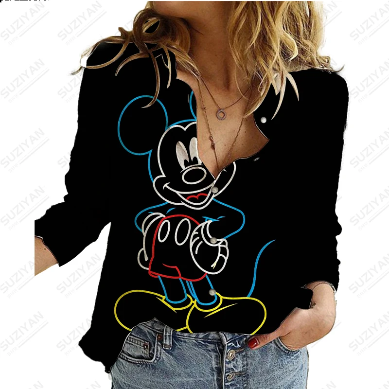 

2023 New Spring and Autumn Long Sleeve Button Up Shirt Coat 3D Printed Loose and Comfortable Harajuku Fit Large Disney Mickey