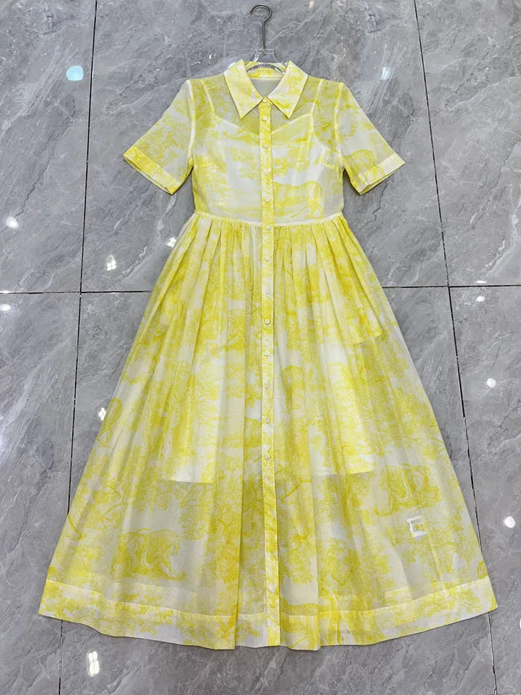 Женское Платье с принтом High Street 100% хлопок воротник отложным воротником короткий