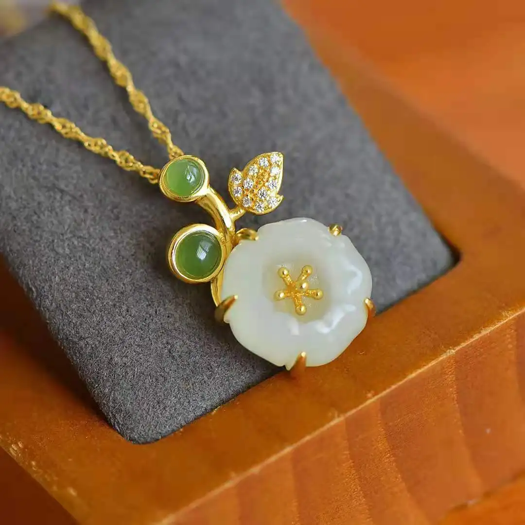 Подвеска из натурального жадеита Хэтянь с цветочным узором из серебра S925 в стиле ретро для культурной шейной цепочки.