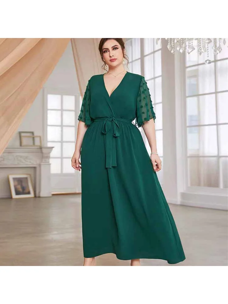 Dot simple skirt elastic waist print dress large size women temperament plus size  v neck dress