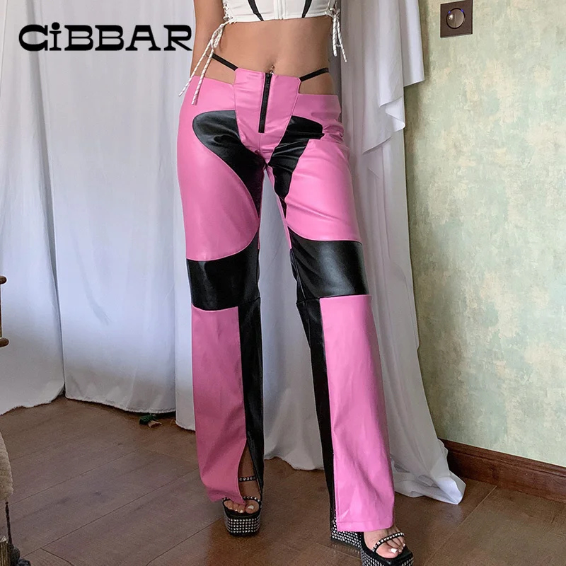

Женские байкерские прямые брюки CIBBAR из ПУ кожи, ажурные контрастные брюки в стиле хип-хоп с заниженной талией, уличные кожаные брюки в стиле пэчворк на молнии